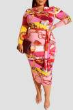 Red Yellow Casual Print Patchwork Zipper Collar One Step Skirt Plus Size Dresses