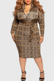 Coffee Casual Print Patchwork Zipper Collar One Step Skirt Plus Size Dresses