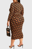 Brown Casual Print Patchwork Zipper Collar One Step Skirt Plus Size Dresses