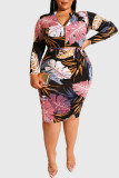 Leopard Print Casual Print Patchwork Zipper Collar One Step Skirt Plus Size Dresses