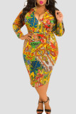 Yellow Casual Print Patchwork Zipper Collar One Step Skirt Plus Size Dresses