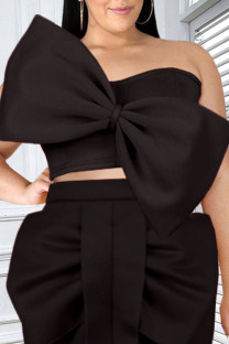Black Sexy Solid Patchwork With Bow Strapless Plus Size Tops