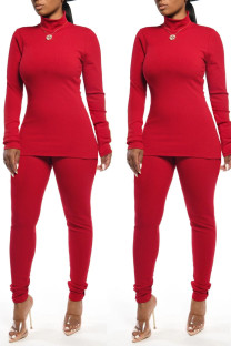 Red Casual Solid Patchwork Turtleneck Plus Size Two Pieces