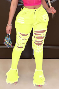 Yellow Street Solid Ripped Patchwork Plus Size Jeans