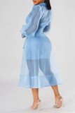 Blue Casual Solid Bandage Patchwork Buckle Turndown Collar Long Sleeve Two Pieces