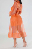 Tangerine Red Casual Solid Bandage Patchwork Buckle Turndown Collar Long Sleeve Two Pieces