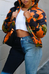 Orange Casual Street Print Camouflage Print Zipper Collar Outerwear