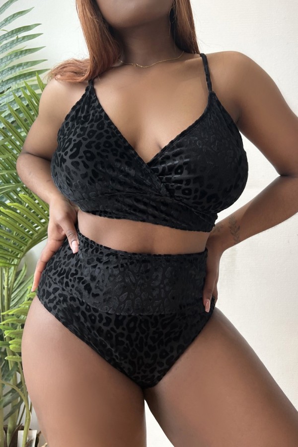 Black Fashion Sexy Leopard Patchwork Backless V Neck Plus Size Swimwear (With Paddings)