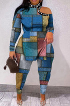 The cowboy blue Casual Print Hollowed Out Patchwork Half A Turtleneck Plus Size Two Pieces