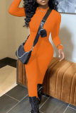 Tangerine Red Sexy Solid Patchwork Half A Turtleneck Skinny Jumpsuits