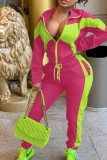 Fluorescent Green Casual Solid Patchwork Contrast Zipper Collar Long Sleeve Two Pieces