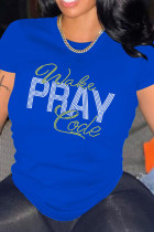 Blue Casual Solid Patchwork Hot Drill O Neck T-Shirts