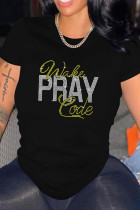 Black Casual Solid Patchwork Hot Drill O Neck T-Shirts
