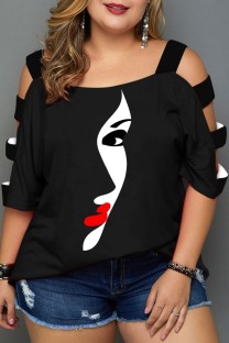 Black White Casual Print Hollowed Out Patchwork O Neck T-Shirts
