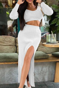 White Sexy Solid Patchwork Slit U Neck Long Sleeve Two Pieces