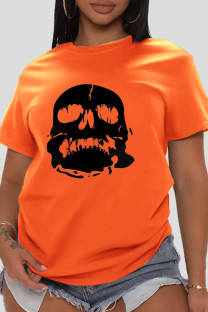 Orange Daily Vintage Skull Patchwork O Neck T-Shirts