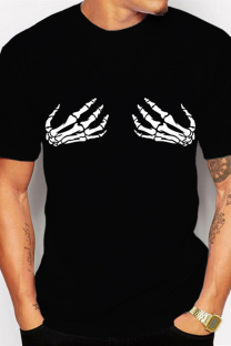 Black Street Print Patchwork O Neck Tops