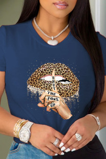 Navy Blue Street Lips Printed Patchwork O Neck T-Shirts