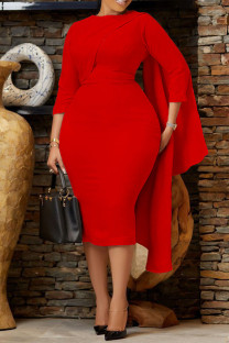 Red Elegant Solid Patchwork O Neck Pencil Skirt Dresses