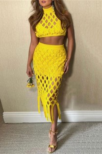 Yellow Plus Size Fashion Sexy Solid Hollowed Out Turtleneck Two Pieces
