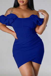 Colorful Blue Sexy Solid Patchwork Asymmetrical Off the Shoulder Pencil Skirt Dresses
