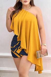 Yellow Casual Solid Patchwork Backless Oblique Collar Irregular Dress Dresses