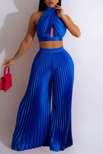 Colorful Blue Sexy Solid Hollowed Out Patchwork Backless Fold Halter Sleeveless Two Pieces