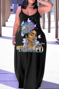 Black Purple Casual Print Patchwork Spaghetti Strap Lantern Skirt Plus Size Dresses