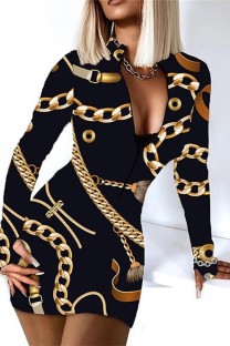 Black Gold Casual Print Basic Zipper Collar Long Sleeve Dresses