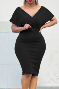 Black Casual Elegant Solid Patchwork With Belt V Neck Pencil Skirt Dresses