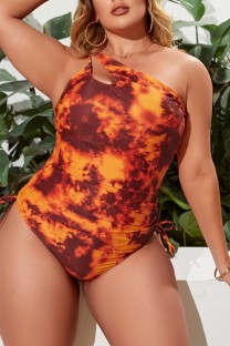 Orange Sexy Print Backless Oblique Collar Plus Size Swimwear (With Paddings)