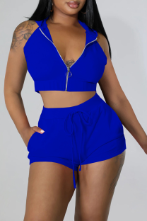Royal Blue Sexy Solid Zipper Hooded Collar Sleeveless Two Pieces