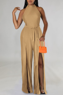 Apricot Casual Solid Patchwork Slit O Neck Straight Jumpsuits