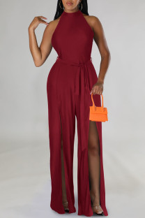 Burgundy Casual Solid Patchwork Slit O Neck Straight Jumpsuits