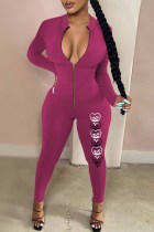 Rose Red Sexy Print Patchwork Zipper Collar Jumpsuits