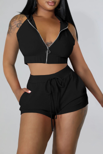 Black Sexy Solid Zipper Hooded Collar Sleeveless Two Pieces