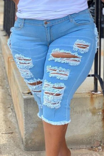 The cowboy blue Casual Street Solid Ripped Make Old Patchwork Plus Size Jeans