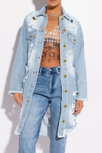 Baby Blue Casual Solid Ripped Patchwork Turndown Collar Long Sleeve Regular Denim Jacket