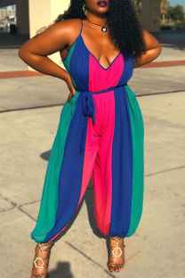 Red Casual Striped Patchwork Spaghetti Strap Plus Size Jumpsuits