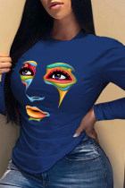 Navy Blue Street Print Patchwork O Neck T-Shirts