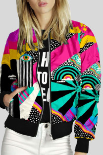 Rose Red Green Street Print Patchwork Zipper Outerwear