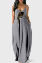 Grey Street Print Patchwork Spaghetti Strap Lantern Dress Dresses