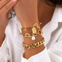 Golden Yellow Casual Patchwork Chains Pearl Bracelets