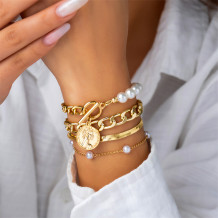 White Gold Casual Patchwork Chains Pearl Bracelets