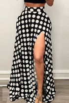 Black Casual Dot Print Slit Regular High Waist Conventional Full Print Skirt