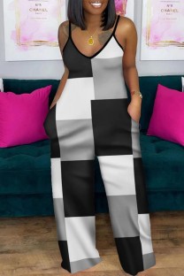 Black Gray Sexy Casual Print Patchwork Backless V Neck Plus Size Jumpsuits