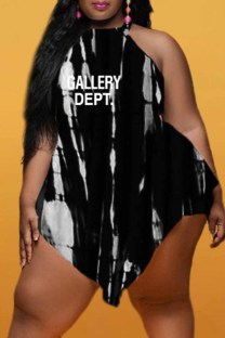 Black Street Print Tie Dye Letter O Neck Plus Size Jumpsuits