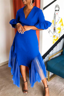 Blue Sexy Party Simplicity Formal Solid Patchwork Mesh V Neck Ball Gown Dresses
