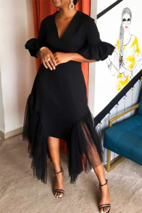 Black Sexy Party Simplicity Formal Solid Patchwork Mesh V Neck Ball Gown Dresses