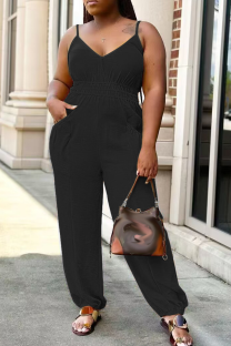 Black Sexy Solid Patchwork Spaghetti Strap Plus Size Jumpsuits